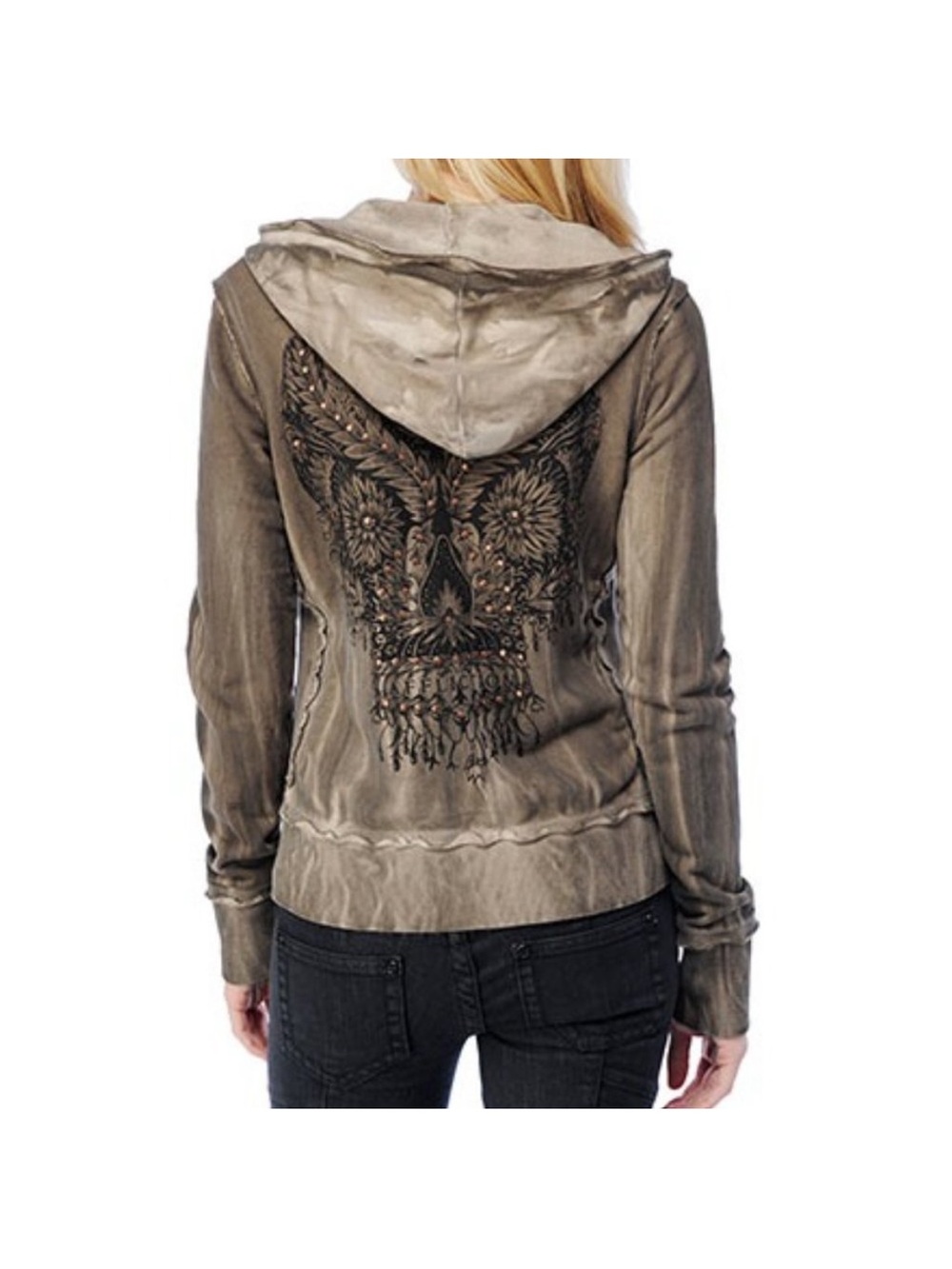 Small, New With Tags - Affliction Distressed Hoodie with Embellished Skull Back